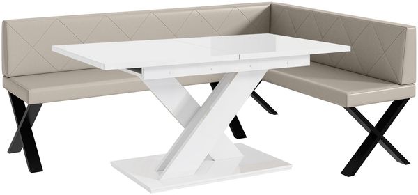MEBLINI Eckbank für Esszimmer mit ausziehbarem Tisch - Küchenbank - Essecke - Sitzecke Küche - ERIC - X-Beine 142x196x87cm Rechts - Beige Kunstleder/B Weiß Hochgl.