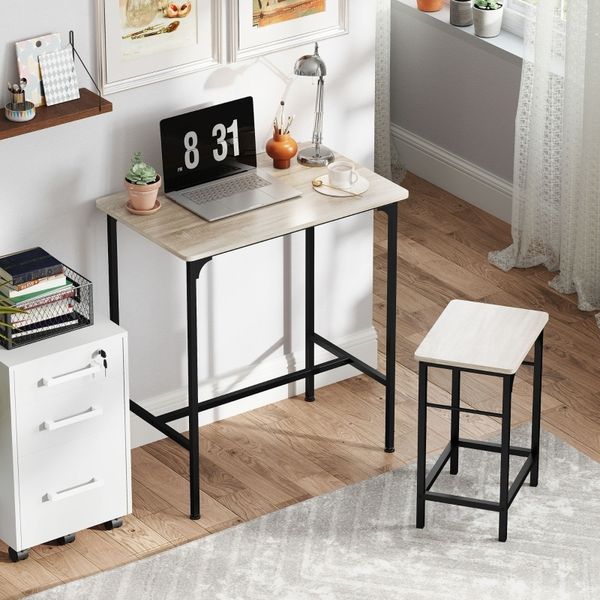 Bartisch Set mit 2 Barhockern, Stehtisch im Industrie Stil, Frühstückstisch mit Metallrahmen für Küche & Hausbar,Natur