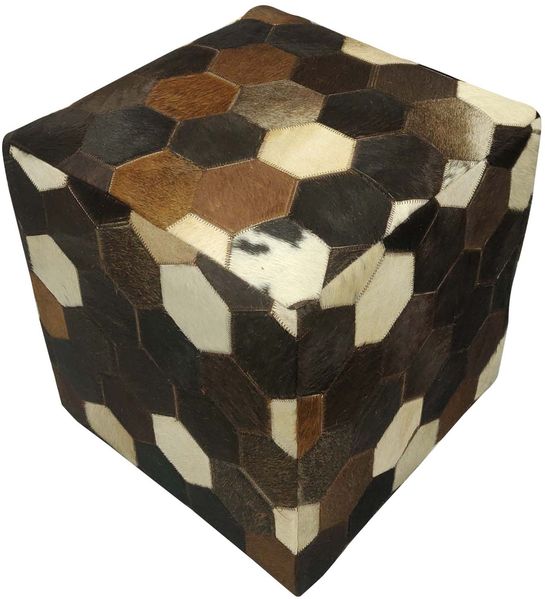 Patchwork Ledersitzkissen Vanita, Holz und Echtfell, Braun, 45 x 45 x 48 cm