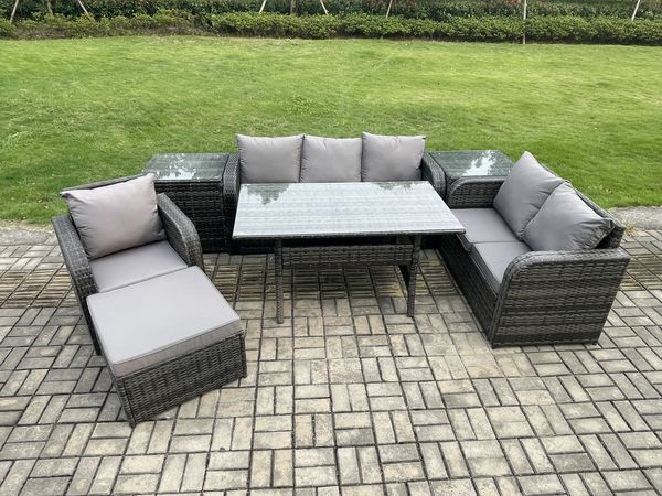 Fimous 7 Teil Rattan Gartenmöbel-Set mit Terrassen Sofa Rechteckiger Esstisch 2 Beistelltisch Großer Fußhocker Terrassen Set