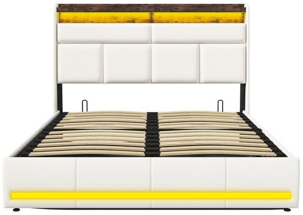 Gdood Polsterbett Stauraumbett LED Dopplebett (Stauraum unter dem Bett), Mit LED-Beleuchtung,Hydraulisch Bettkasten, Lattenrost, PU, 140x200 cm