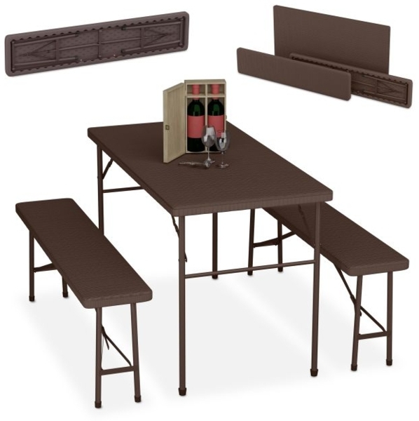 Relaxdays Bierzeltgarnitur, 3-teilig, Klappbar, Kunststoff, 120 x 73 x 61 cm, Braun