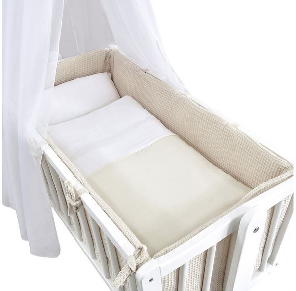 Baby-Delux Stubenbett Babywiege Komplettset Waffelpique Musselin, Schaukelwiege Weiß 90x40cm Komplett Bettset Wiegenset