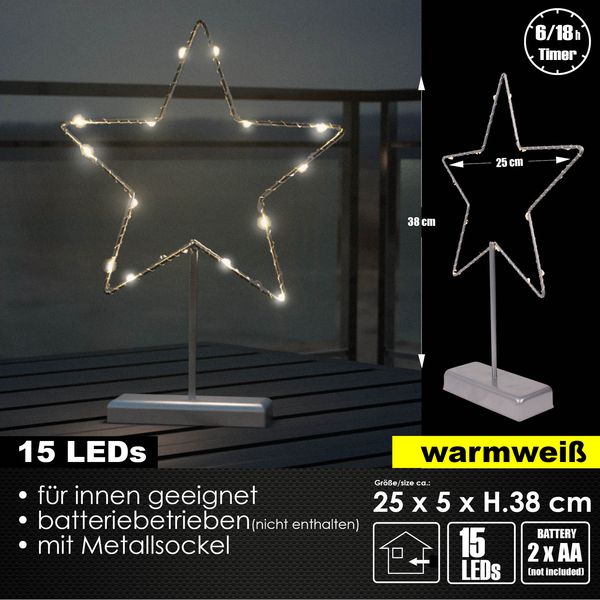 LED Tischleuchte Stern Metall 38cm Lichterstern Batterie Timer Indoor Advent