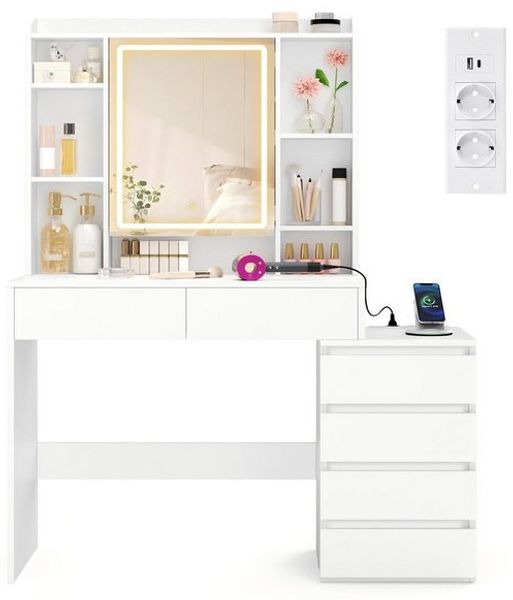 VASAGLE Schminktisch mit LED-Beleuchtung, Frisiertisch mit Spiegel, Schubladen, offenen Fächern, mit Ladestation, 40 x 105 x 145 cm, weiß
