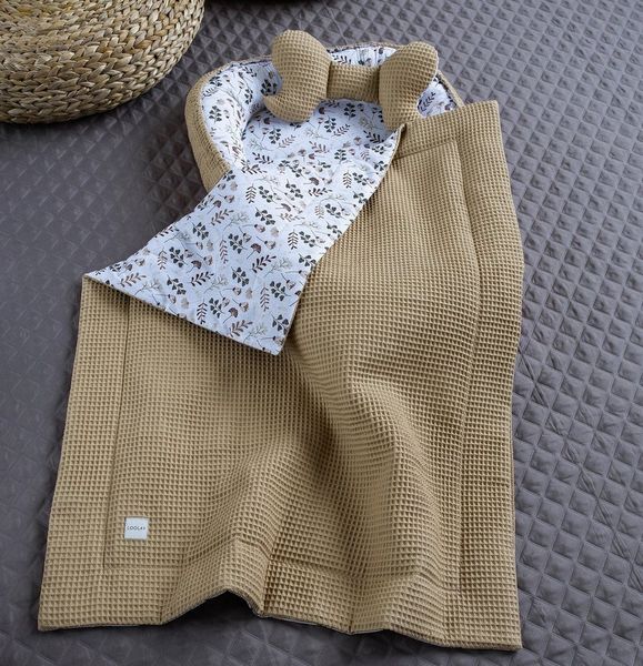 Loolay Bettnestchen Taupe WAFFELPIQUE/ BLUMEN Braun Babynest Babyausstattung, (Reisebett Nestchen SOLO/ o. in PREMIUM Geschenk SETS für Neugeborene, 3-tlg, 4 Jahreszeiten ATMUNGSAKTIVER WAFFELSTOFF Bestseller GESCHENK), LOOLAY® - 100% Europäische Stoff...