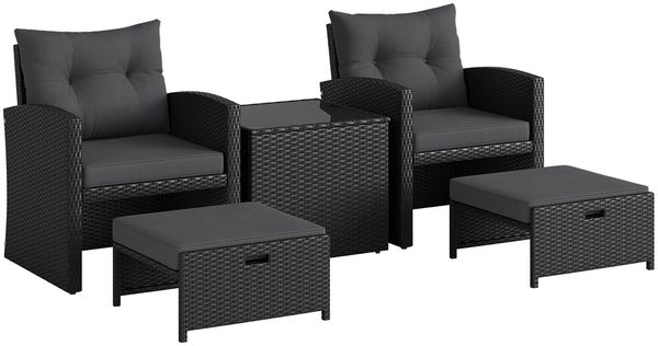 STEELSØN 'Selaria' Polyrattan Sitzgarnitur 5-tlg, Gartenmöbel Set aus 2 Stühlen, 2 Sitzhocker und Tisch, Sitzgruppe inkl. Kissen, schwarz, wetterfest für 4 Personen Bild 11