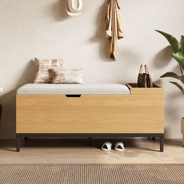 Aufbewahrungsbank Sitzbank Schuhbank mit Stauraum Natural Holzoptik hellgrauer Stoffbezug robuster Flurhocker multifunktional als Sitzmöbel und Aufbewahrung für Spielzeug Schuhe Decken ideal für Flur Wohnzimmer Schlafzimmer, 49.5cmx40cmx115cm, Natur
