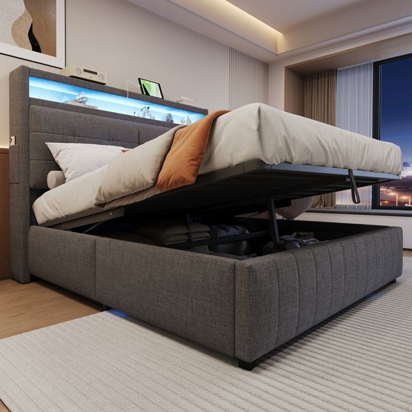 Polsterbett 160*200 cm, mit LED-Beleuchtung und USB-Steckdose, Kopfteil mit Ablagen und Stauraum, mit hydraulischem Stauraum mit Ablagefächern, Doppel-Erwachsenenbett mit Lattenrost, Leinenstoff Grau