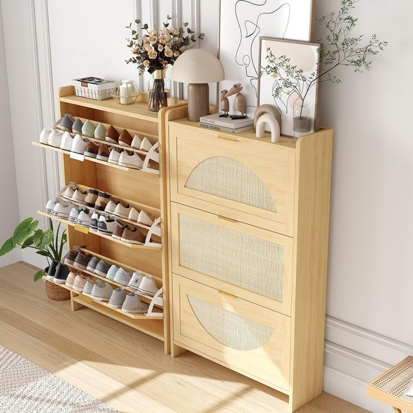 Hoher Schuhschrank mit ovaler Rattanfront, Schuhschrank mit 3 Schubladen, Eingangsschrank mit Metallgriffen und verstellbarem Einlegeboden, für Flur und Wohnzimmer, 80 x 23,6 x 132,8 cm, Holzfarbe