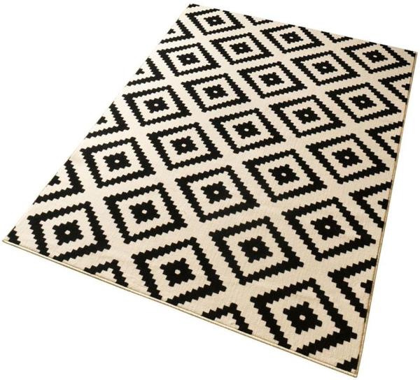 Kurzflor Teppich Raute Schwarz Creme - 80x150x0,9cm