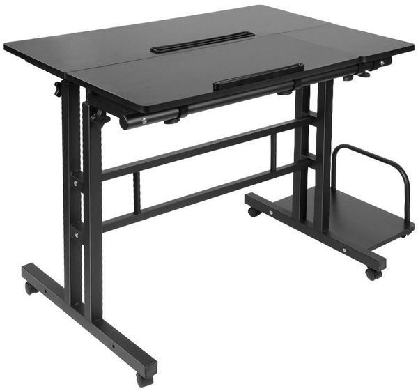 JEOBEST Schreibtisch Steh-Sitz Tisch Stehpult Verstellbarer Computertisch, (1-St, Laptoptisch), mit Rollen und Regalen, Neigbarer Tischplatte
