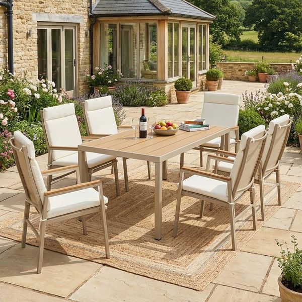 Celya Garten-Essgruppe Garten-Essgruppe,Gartenmöbel-Set, (Essgruppe, Tischplatte aus Kunststoffholz, Beige), bestehend aus 1 Tisch und 6 Stühlen, verzinktes Eisen
