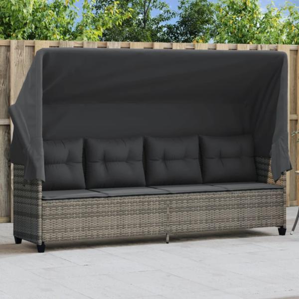 vidaXL Sonnenliege mit Dach und Kissen Grau Poly Rattan 368337