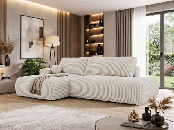 Ecksofa TAREN L mit Schlaffunktion, Bettkasten, DL-Mechanismus, Wellenfederung und freistehendem, Sofa mit Stauraum - Beige Cord - Links