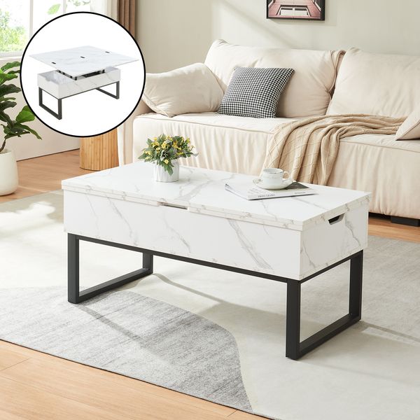 Couchtisch Rauli mit Hebeplatte und Stauraum 100x50x47 cm Marmoroptik, weiß [en. casa]