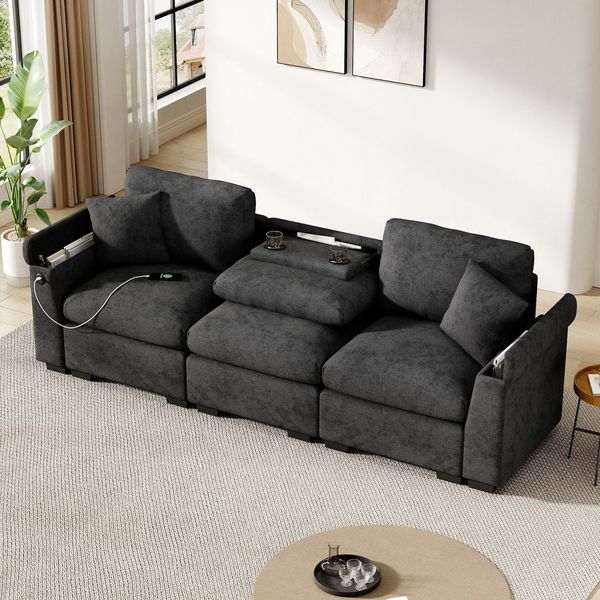 3-Sitzer Sofa mit Klapptisch, Mehrfachsteckdosen, Zierkissen, Rückenkissen, Getränkehalter, USB und Type-C, Big-Sofa, Ecksofa, L-Form, Chenille