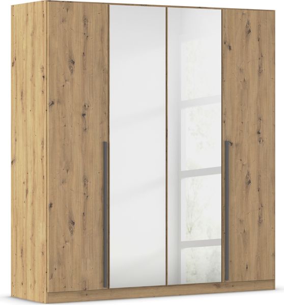 rauch Kleiderschrank Alba, Drehtürenschrank, Garderobenschrank, 4-türig, mit Spiegel, mit 2 Kleiderstangen und 2 Einlegeböden, Farbe Eiche Artisan, Holz, Griffstange Grau metallic, Schwarz, 181x197x56cm Bild 3