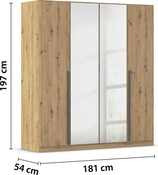 rauch Kleiderschrank Alba, Drehtürenschrank, Garderobenschrank, 4-türig, mit Spiegel, mit 2 Kleiderstangen und 2 Einlegeböden, Farbe Eiche Artisan, Holz, Griffstange Grau metallic, Schwarz, 181x197x56cm Bild 4