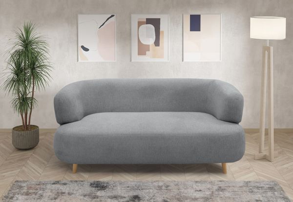 DOMO. collection Sofa 800014, 2-Sitzer Garnitur, runde Ecken, gepolsterte Rückenlehne, Holzfüße Eiche natur, 2er Couch, Polstergarnitur, 160 x 86 x 73 (BxTxH), grau