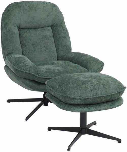Relaxsessel mit Hocker HWC-P32, Fernsehsessel Nosagfederung, drehbar Metall Stoff/Textil Chenille (370 g/m²) ~ grün