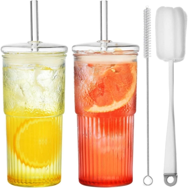 ALINK 570ML Bubble Tea Glasbecher Deckel Strohhalm 2 Pack Borosilicat Glas