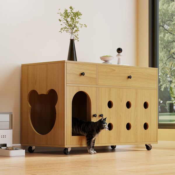 Katzenkloschrank (bewegliche Katzentoilette) – Katzenschrank/Katzenhaus mit abnehmbare Sandablassplatte, geruchsisoliert, ohne Katzenklo, 100×45×66 cm (Naturholzfarbe, Gelbmaplefarbe)