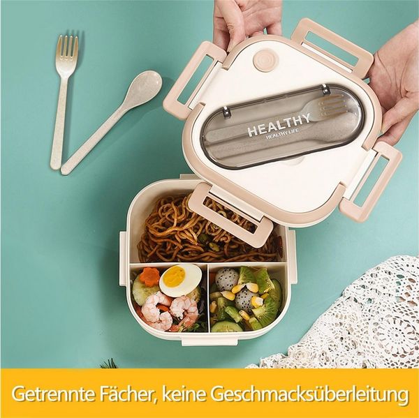 Fine Life Pro Lunchbox Bento-Box mit Gabel & Löffel,1300ml Essbox aus Lebensmittelsicherem PP, Mehrfachfächer, Leckdicht,Tragegriff, Ideal für Arbeit/Schulessen