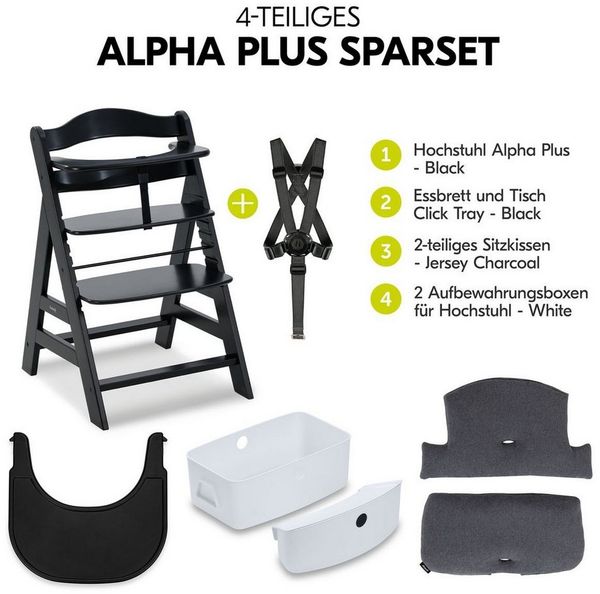 Hauck Hochstuhl Alpha Plus Black (Set), Kinderhochstuhl mit Essbrett Click Tray, Sitzkissen & Aufbewahrungsbox