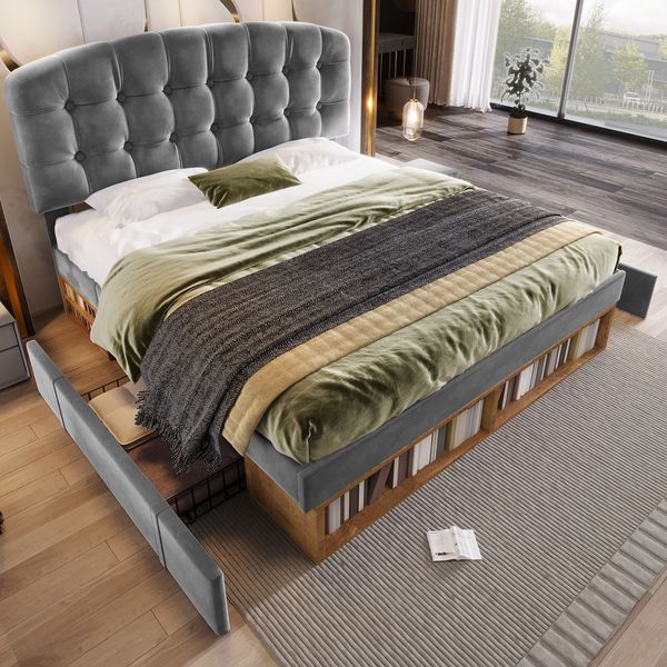 Merax Doppelbett 140x200cm, Polsterbett mit Lattenrost, Bettgestell mit gebogenem höhenverstellbarem Kopfteil, Bett mit Schubladen und Stauraum, Samt, Grau
