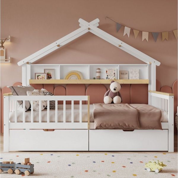 Merax Kinderbett 140x200cm mit Hausdach (Jugendbett Einzelbett, 1-tlg, stilvolles Design für Kinderzimmer), Kieferholz Hausbett mit Ablagefächern, 2 Schubladen und Schutzzaun