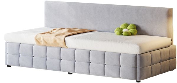 Polsterbett Sofabett 90*200 cm, Mit Hydraulischem Stauraum, Rückenlehne Ohne Armlehnen, Mit Markantem, Klassischem Karomuster Am Unteren Rand. Multifunktionales Einzelbett, Samtstoff Hellgrau Bild 5