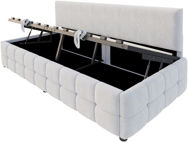 Polsterbett Sofabett 90*200 cm, Mit Hydraulischem Stauraum, Rückenlehne Ohne Armlehnen, Mit Markantem, Klassischem Karomuster Am Unteren Rand. Multifunktionales Einzelbett, Samtstoff Hellgrau Bild 8