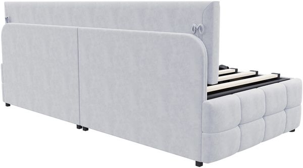 Polsterbett Sofabett 90*200 cm, Mit Hydraulischem Stauraum, Rückenlehne Ohne Armlehnen, Mit Markantem, Klassischem Karomuster Am Unteren Rand. Multifunktionales Einzelbett, Samtstoff Hellgrau Bild 10