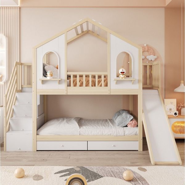 Merax Etagenbett 90x200cm (Jugendbett Doppelbett Stockbett Hausbett, 1-St), Kinderbett mit 2 Schubladen, Rutsche, Staurumtreppe & Bogenfenstern