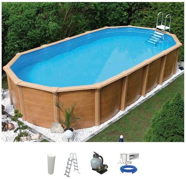 KWAD Ovalpool Wood Design inkl. Sicherheitsleiter & Zubehör (Set, 5-tlg), 5-tlg, Höhe: 132 cm, sandfarbene Innenfolie