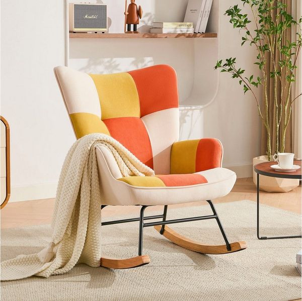 HomeMiYN Schaukelstuhl HOMEMiYN Schaukelstuhl Wohnzimmer mit Metallgestell und Holzsockel, Aus holz