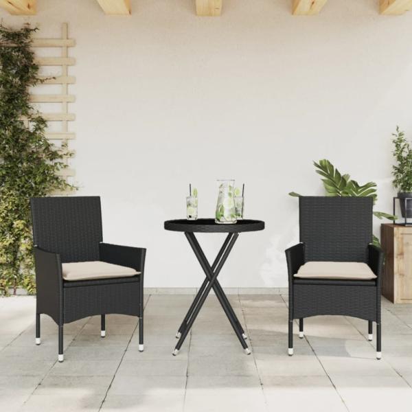 vidaXL 3-tlg. Bistro-Set mit Kissen Schwarz Poly Rattan und Glas 3278747