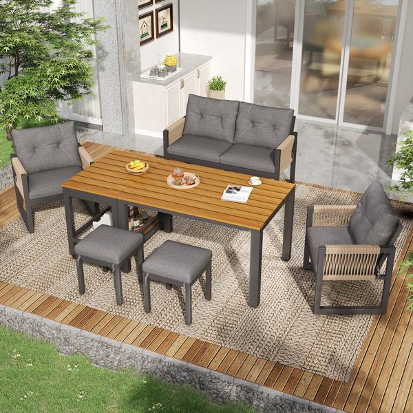 Gartenmöbelset grau-naturfarben 150×79,5×75 cm aus Eisengestell, Polyester-Seil & Kunststoffholz-Tischplatte