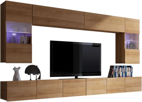 Wohnwand Calabrini I (Farbe: Eiche Gold, mit blauer LED Beleuchtung)