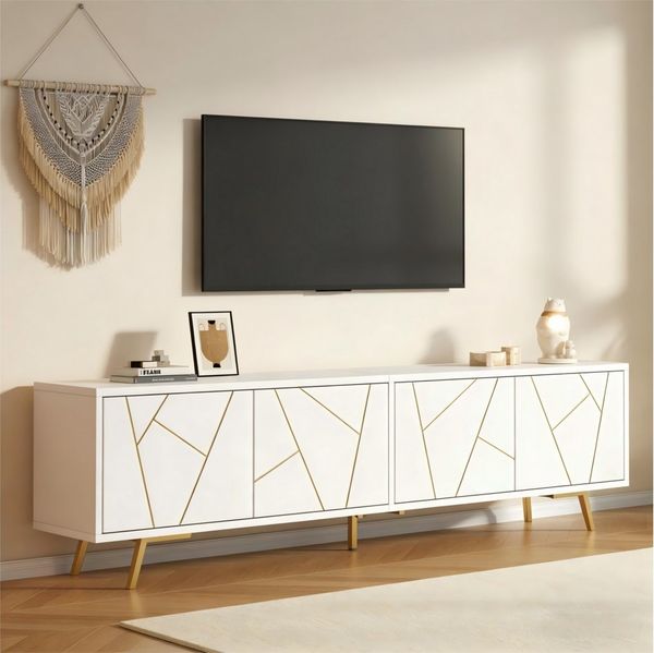 Merax Lowboard mit goldenen Akzenten (1 St), TV-Schrank mit 4 Türen, viel Stauraum & Metallbeinen, 190 x 40 x 51,5 cm