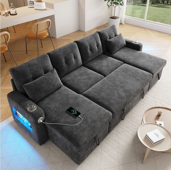 Merax Ecksofa U‑förmiges Sofa mit Schlaffunktion, Ausziehbares U‑Sofa mit LED & USB, Chenille Schlafsofa Chaiselongue Sofabett für 4-5 Personen 1 Teile, Sofa mit Getränkehalter, verstecktem Stauraum & Armlehnen‑Stauraum