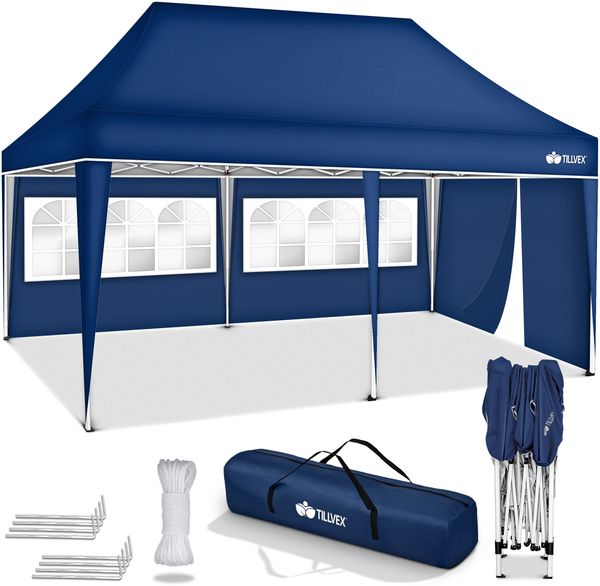 tillvex Pavillon 3x6m - mit 3 Seitenwänden Blau wasserdicht | Pop-Up Faltpavillon höhenverstellbar | Gartenzelt UV Schutz 50+ | Partyzelt mit Tasche für Garten