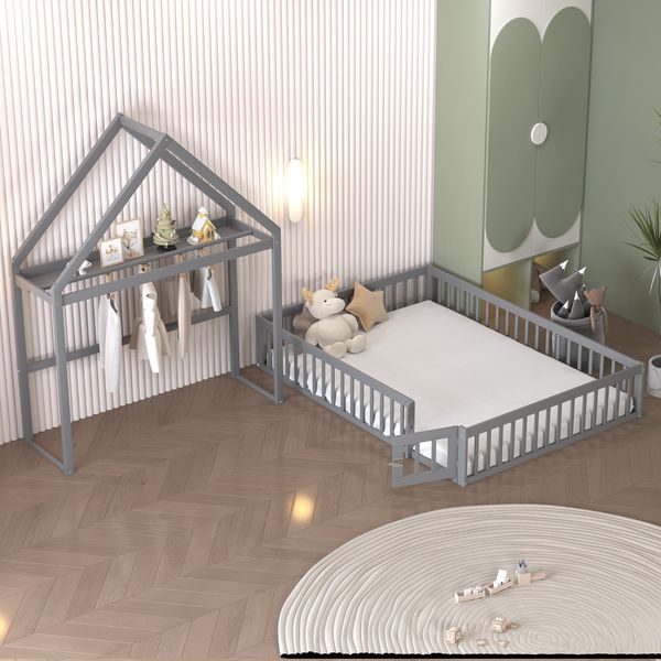 Kinderbett 140x200 cm mit Stauraumdach und Tür – Massivholz-Hausbett, 15 Lattenrost, Grau