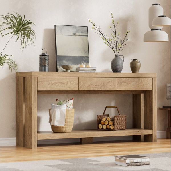 TWSOUL Konsolentisch 140cm×29.5cm×82.5cm, Beistelltisch Sofatisch mit 3 Schubladen & Regal, Holz Bauernhoftisch für Eingang, Flur, Wohnzimmer, Helles Eichenbraun