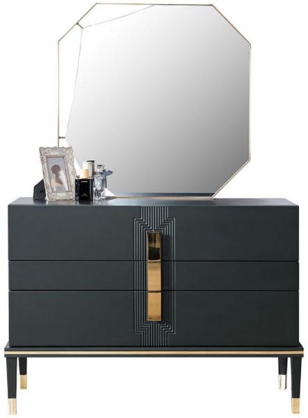 Casa Padrino Luxus Schlafzimmer Kommode mit Wandspiegel Schwarz / Gold - Moderner Massivholz Schrank mit elegantem Spiegel - Luxus Schlafzimmer Möbel