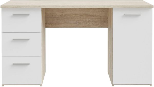 FORTE Schreibtisch 3 Schubladen, Tür, Weiß / Sonoma Eiche Dekor - 138,2x75,3x60cm (BxHxT)