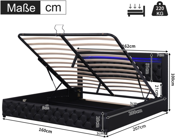 Polsterbett in Schwarz 207*162*99cm , mit LED Beleuchtung und Bettkasten, modernes Bettgestell,inklusive Schaummatratze Bild 8