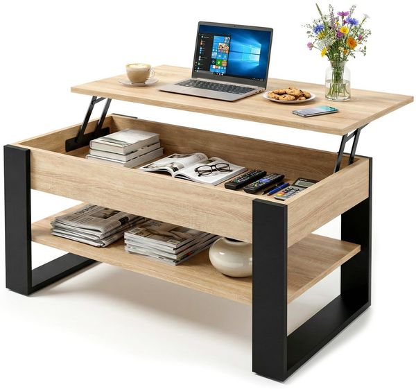 TREND WERK Couchtisch Lift-Couchtisch höhenverstellbar Sofatisch 92×54 cm mit Stauraum, verstecktem Fach Wohnzimmertisch Holz modern