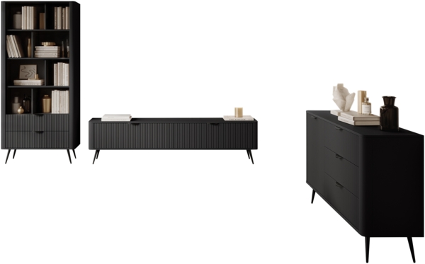 Wohnzimmer-Set Literpo II, geriffelte Fronten, Metallfüße, Aluminiumgriffe (Farbe: Schwarzer Graphit)